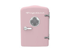 Frigidaire mini frigorífico rosa frente con diseño retro y ahorro de espacio
