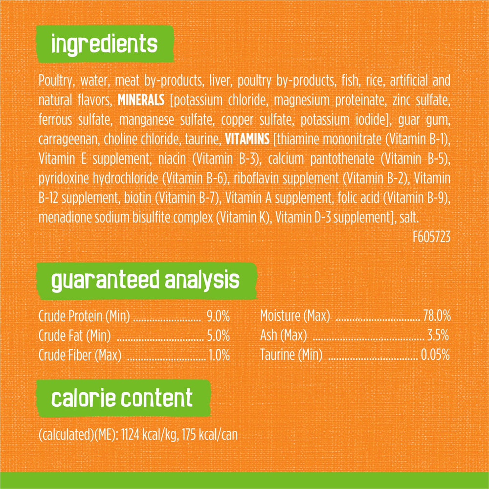 Friskies etiqueta con información nutricional y balance de vitaminas