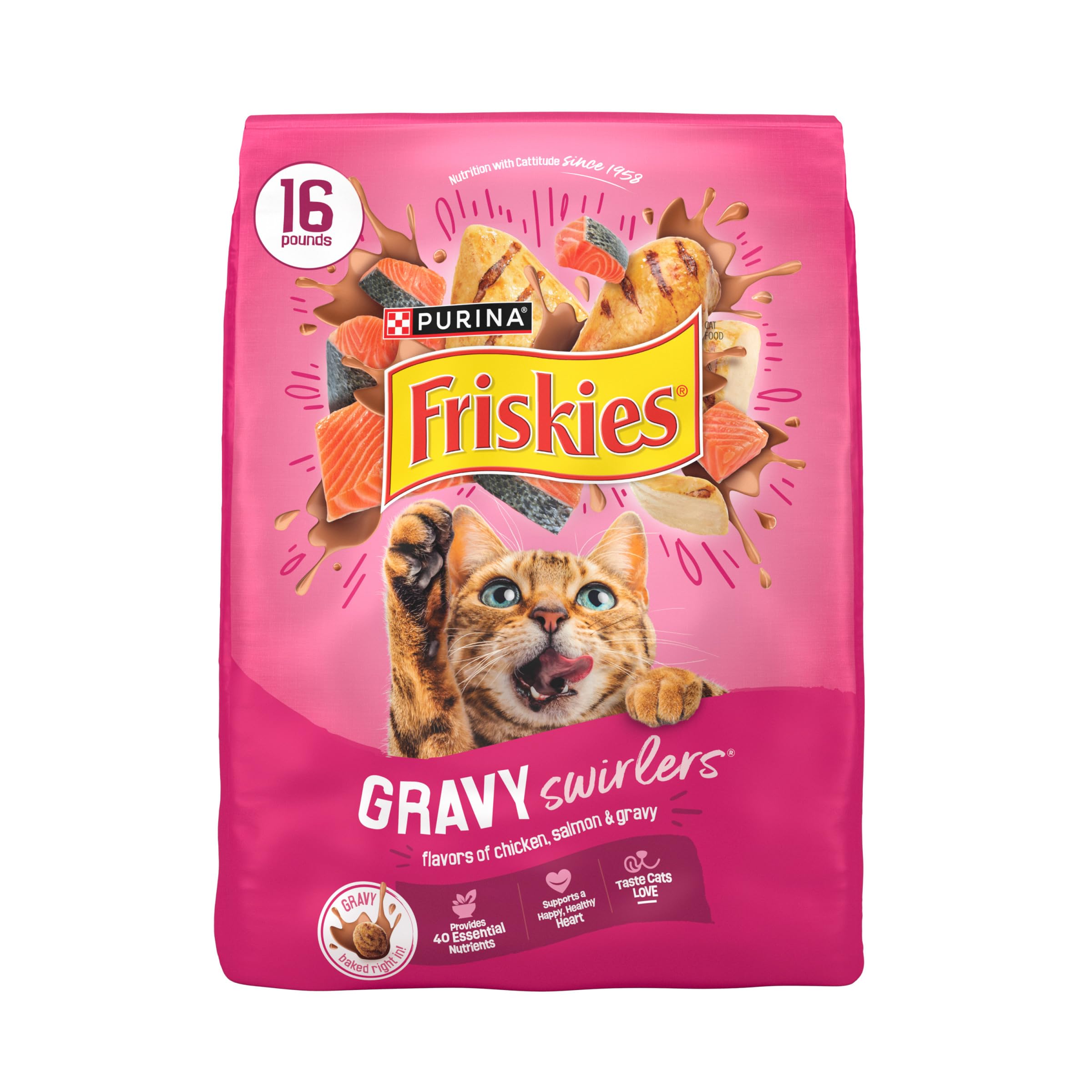 Friskies frente del empaque 16 lb mostrando diseño y sabores