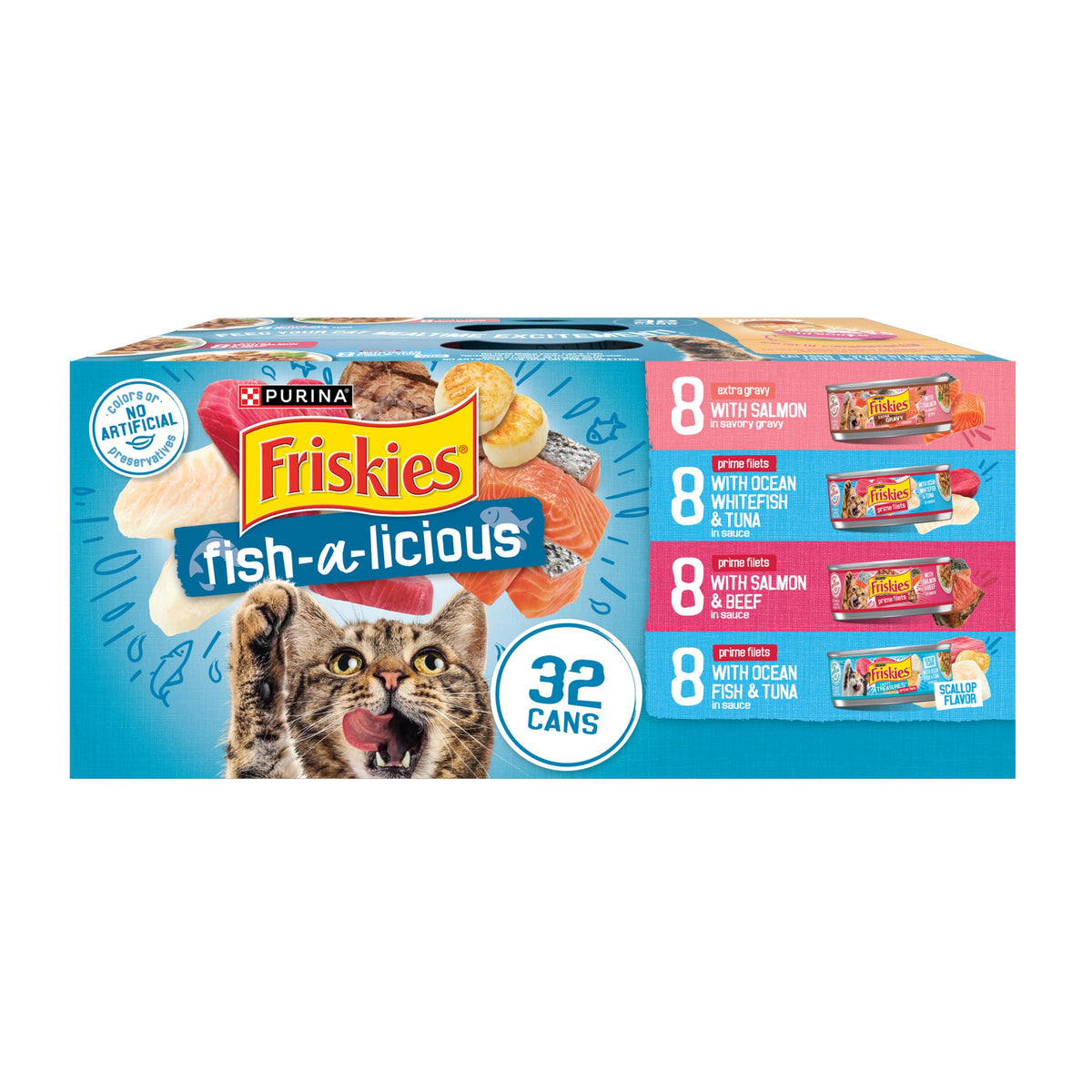 Friskies frente del pack de 32 latas que muestra variedad y conveniencia