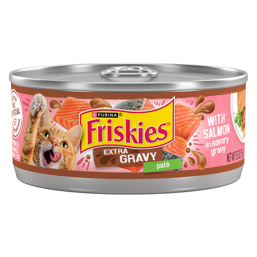 Friskies front can showing salmon gravy flavor and clear branding to aid selection