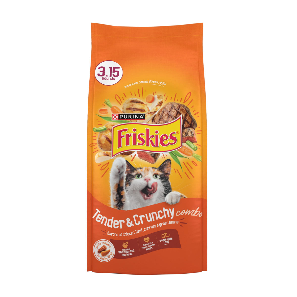 Friskies front packaging shows Tender and Crunch'd, enticing appearance and clear product info