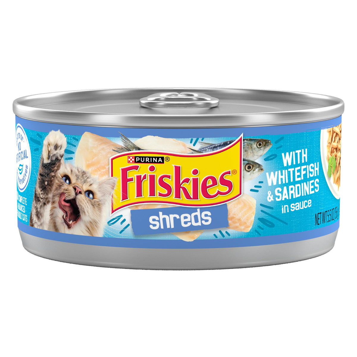 Friskies front packaging showing whitefish and sardines, inviting flavor