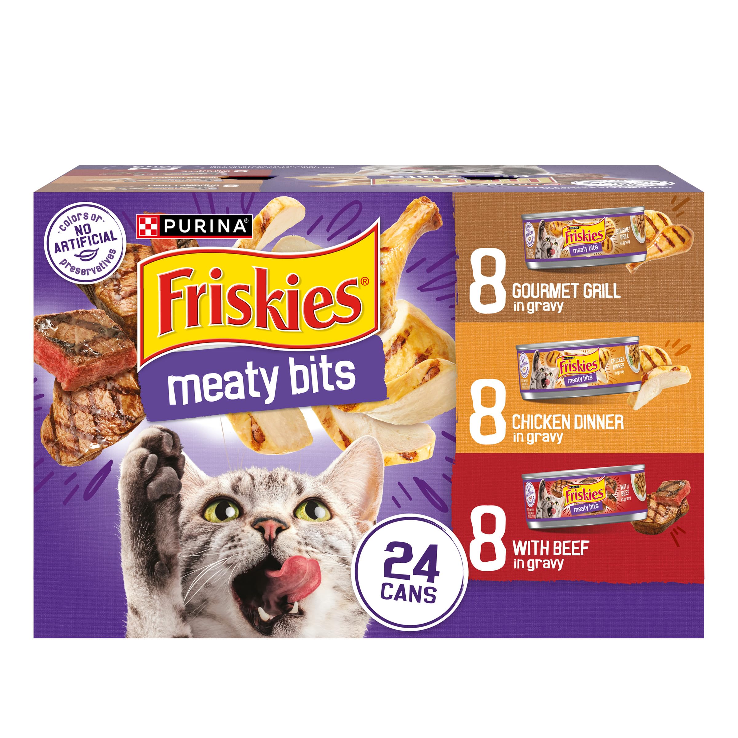 Friskies frontal del paquete mostrando variedad de sabores y conveniencia