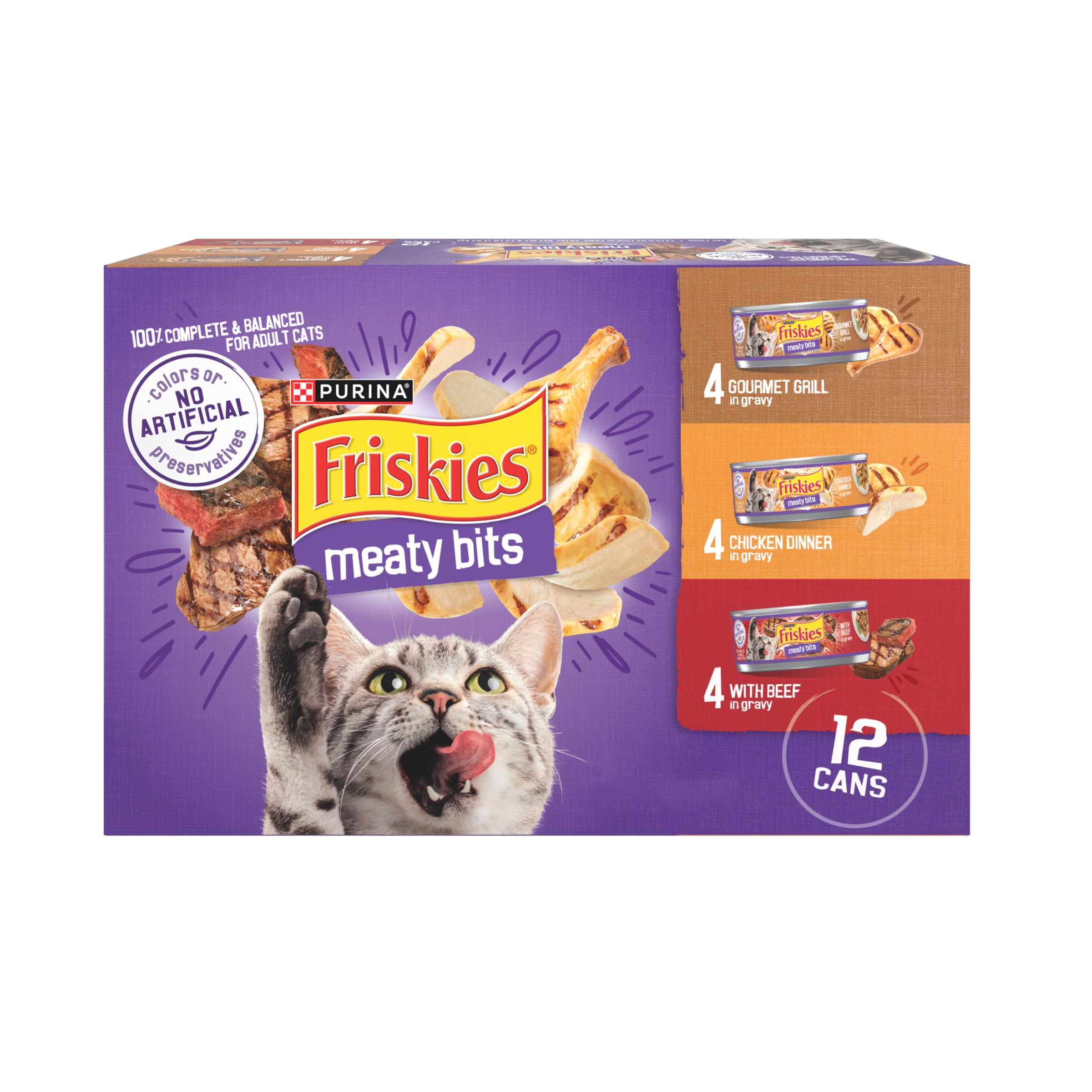 Friskies pack frontal mostrando las 24 latas y variedad de sabores para conveniencia