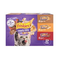 Friskies pack frontal mostrando las 24 latas y variedad de sabores para conveniencia