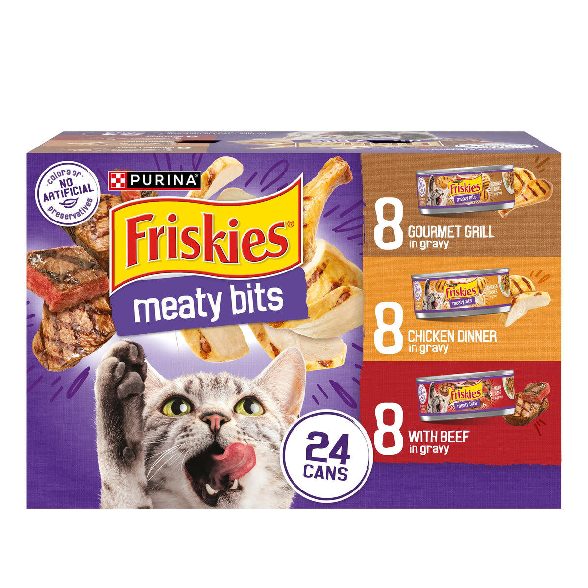 Friskies frontal del paquete mostrando variedad de sabores y conveniencia