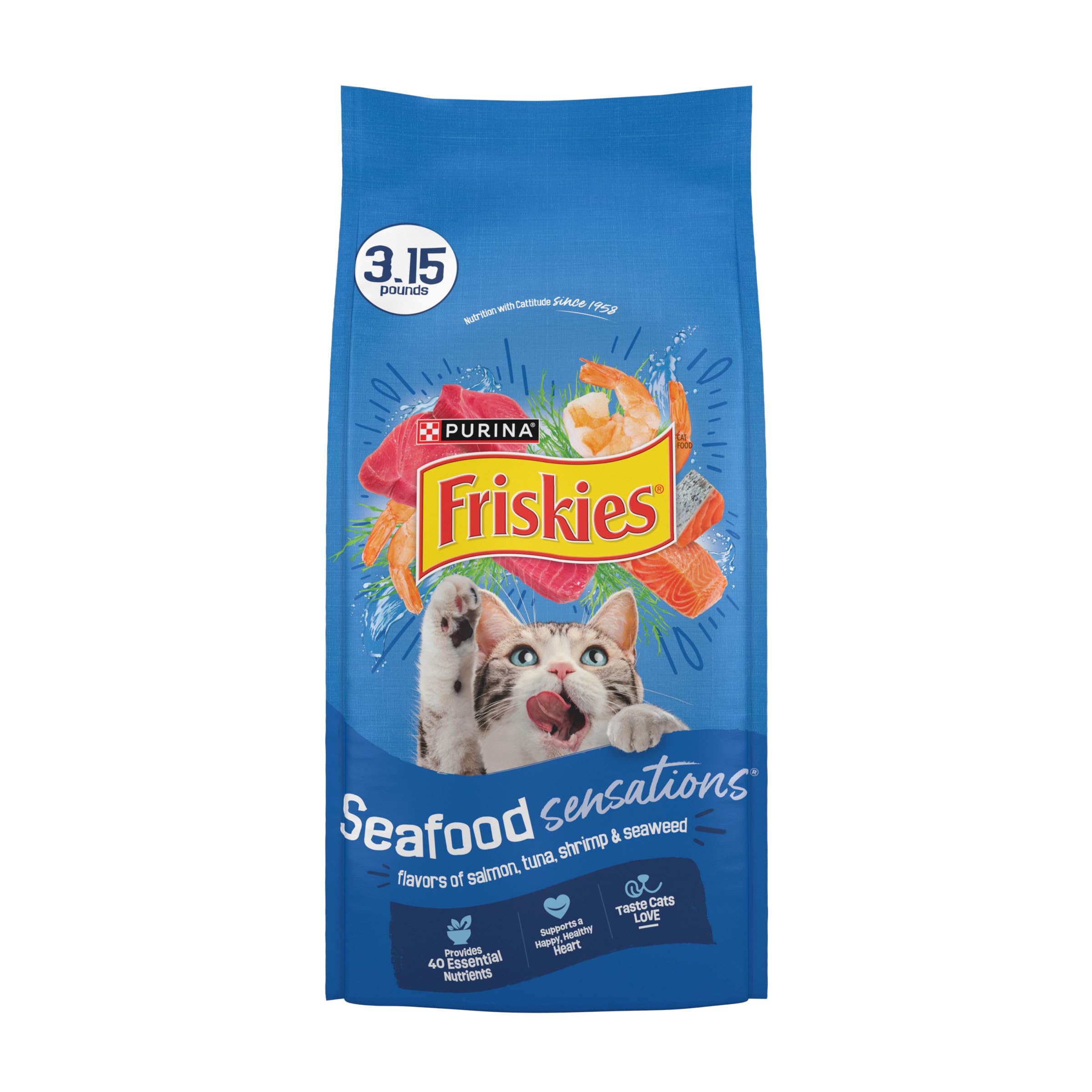 Friskies paquete frontal mostrando sabores marinos y beneficio nutricional