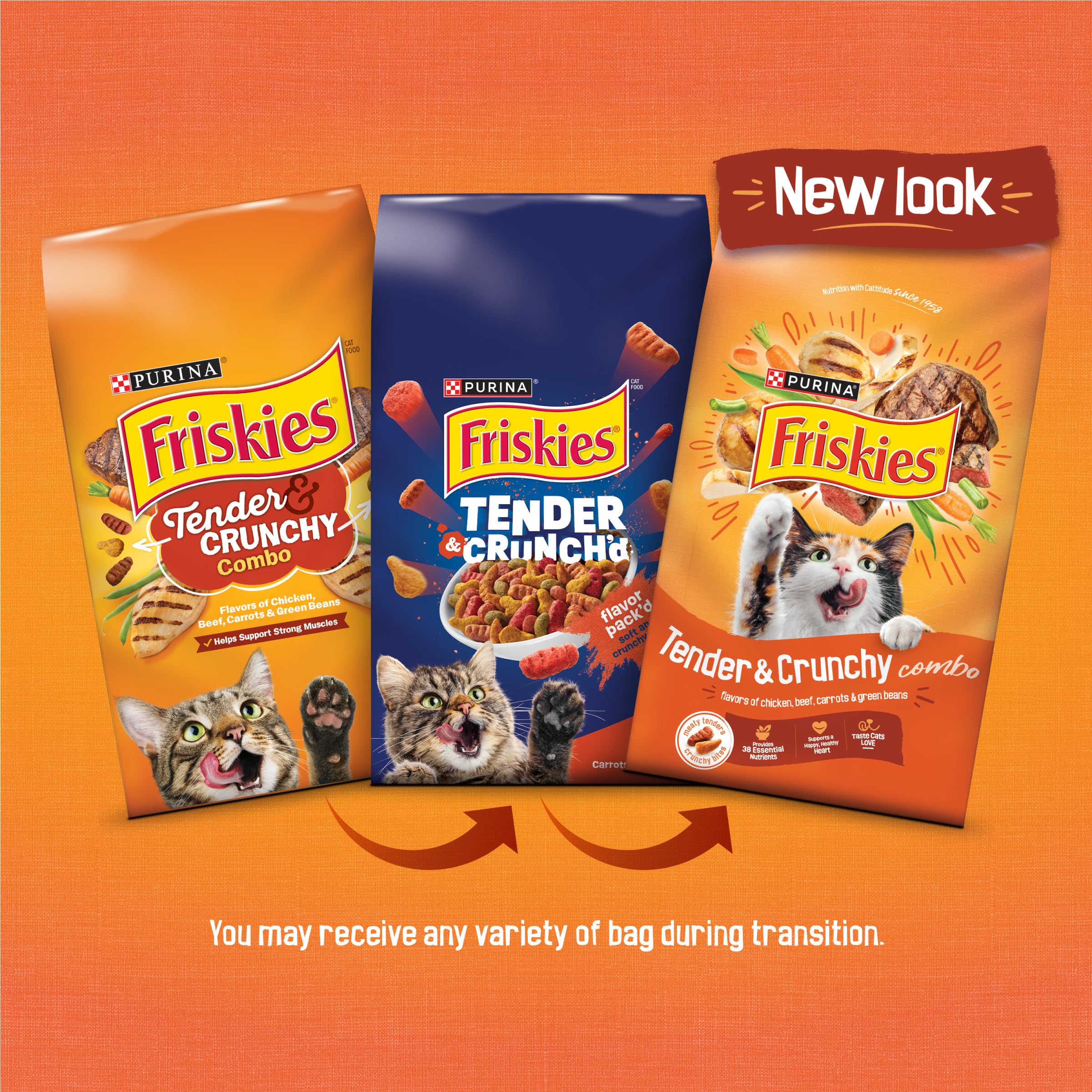 Friskies close-up of kibble texture showing tender and crunchy pieces for palatable variety
