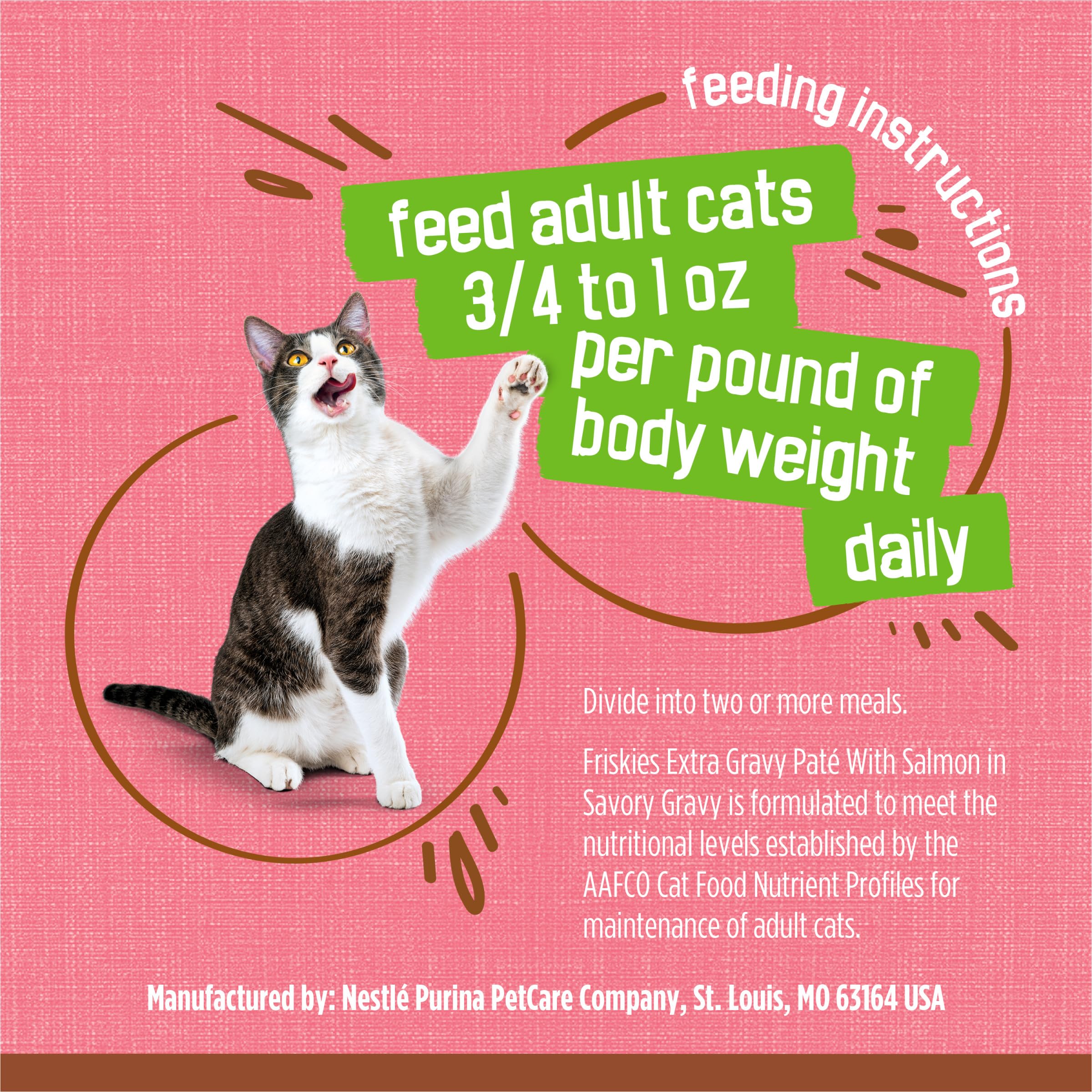 Friskies nutrition label closeup highlighting complete balanced adult cat formula