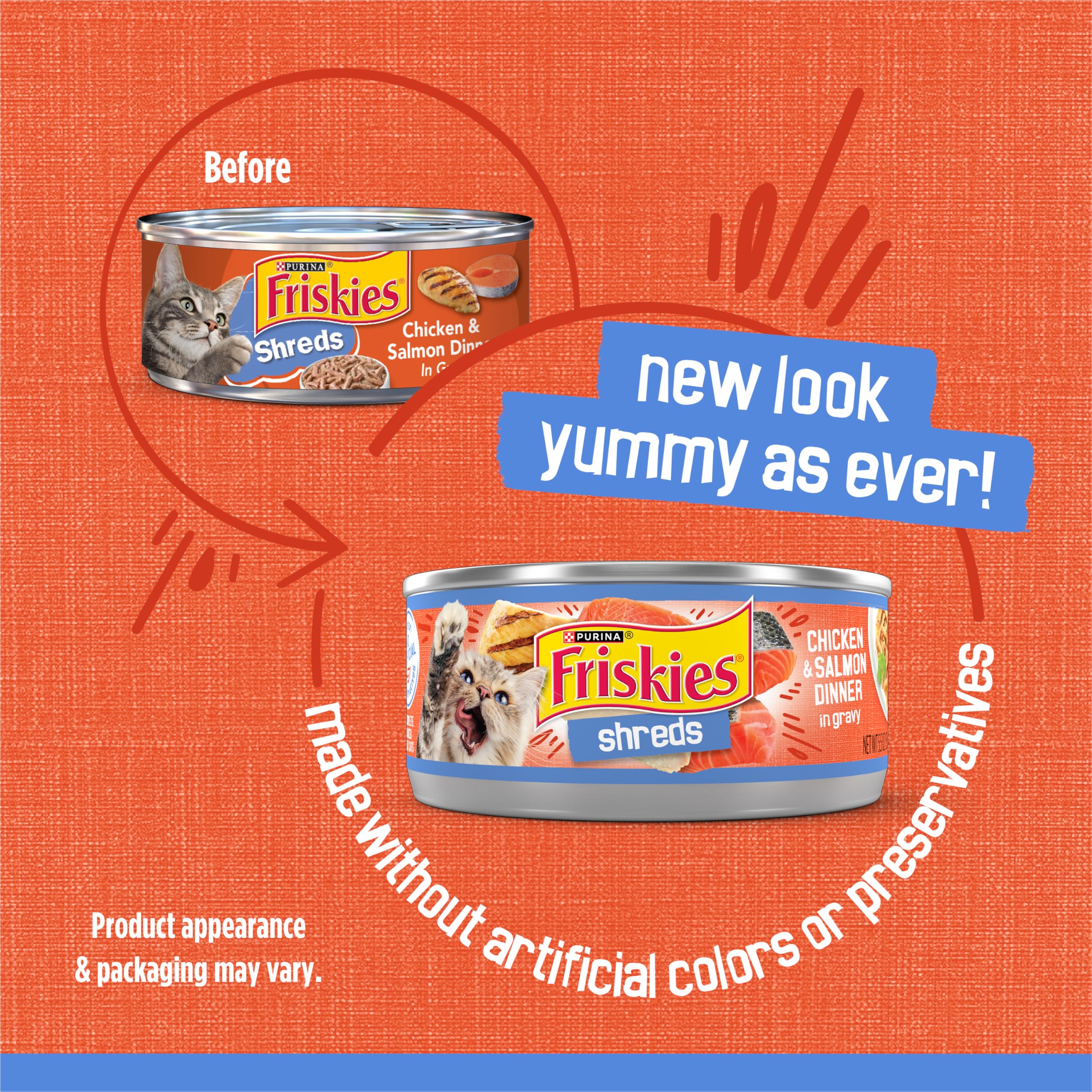 Purina Friskies lata abierta con tiras, muestra textura atractiva para gatos