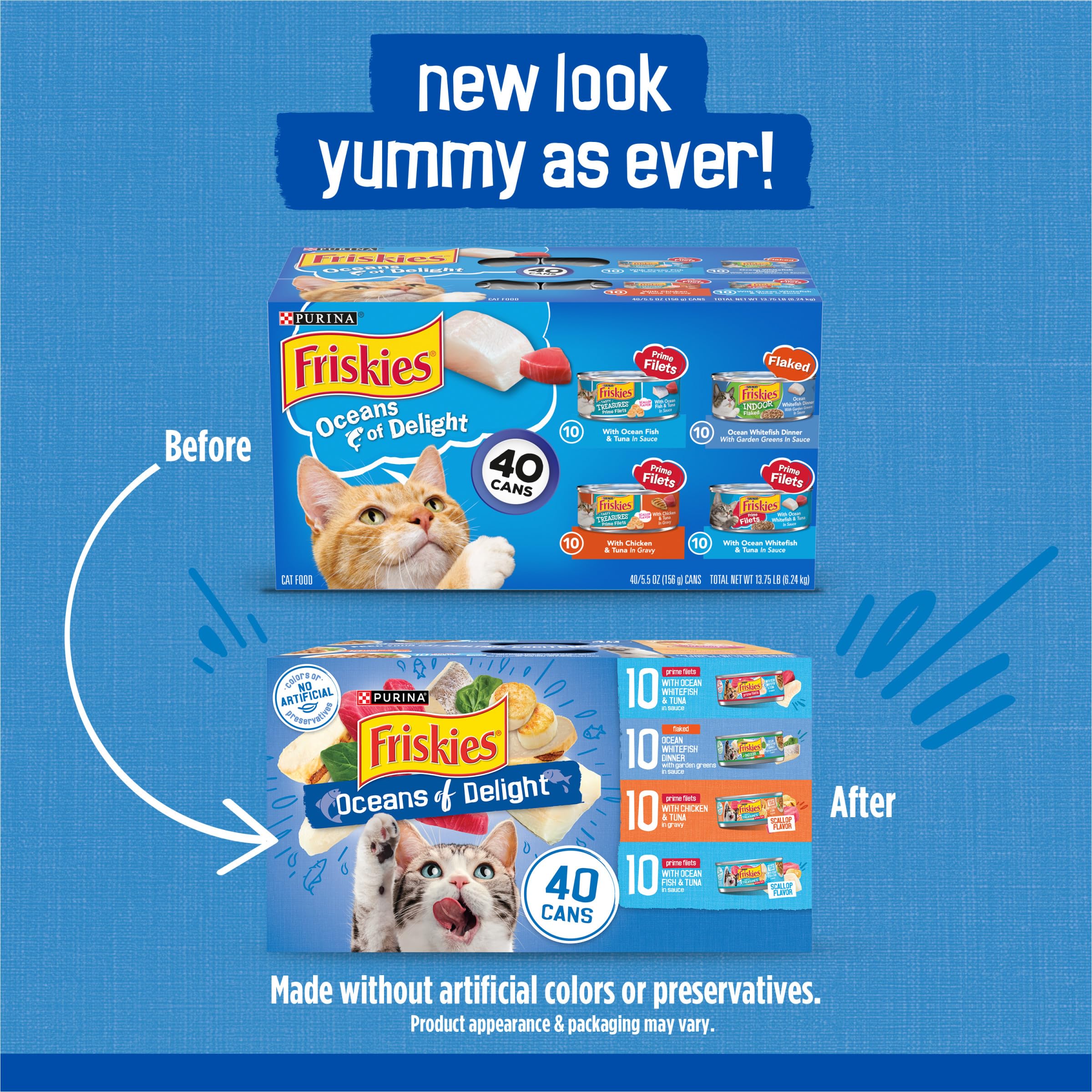 Friskies lata abierta con trozos en salsa, textura apetecible que estimula el apetito