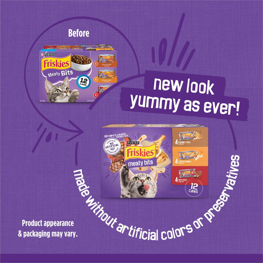 Friskies lata abierta que revela trozos y salsa, textura atractiva para gatos