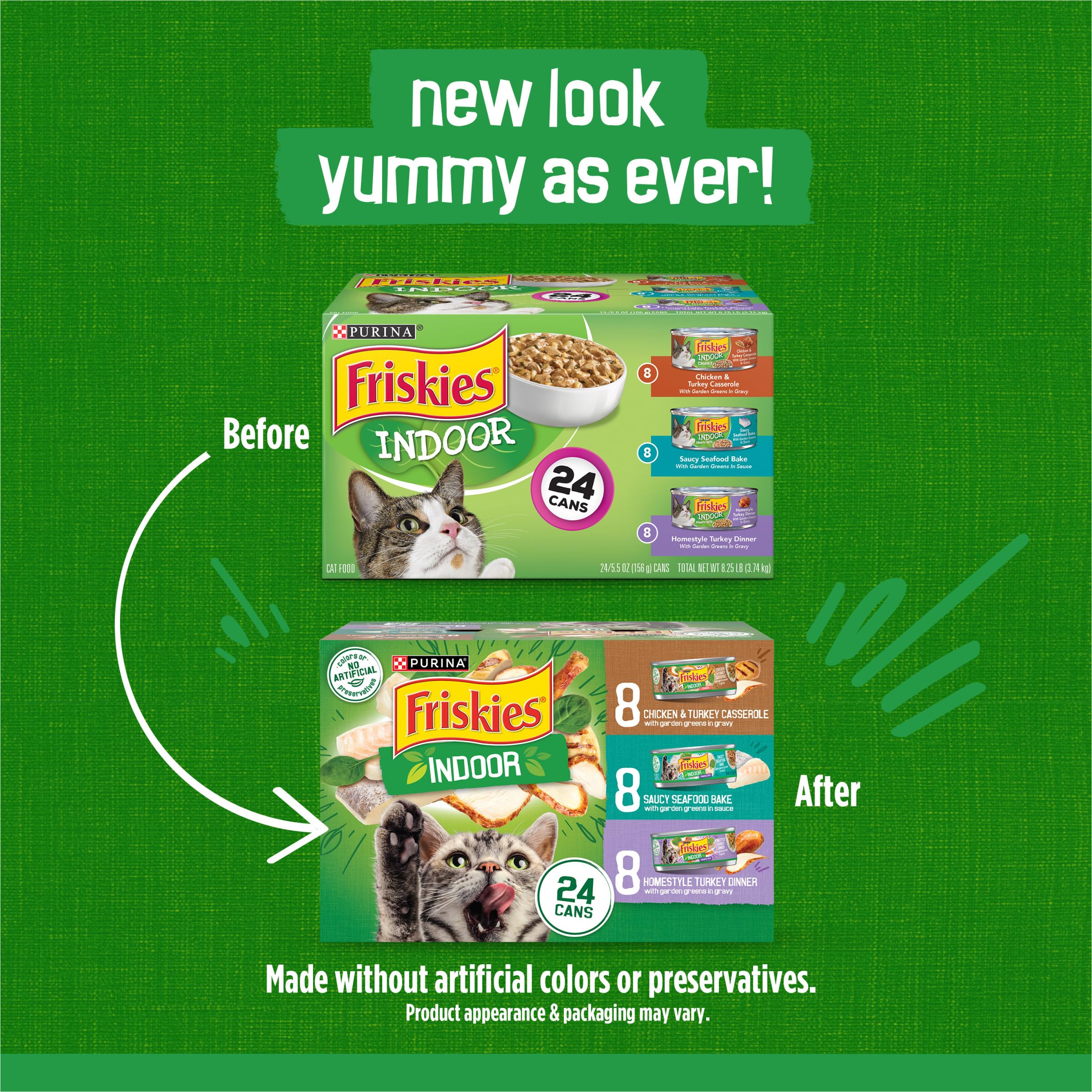 Friskies lata con etiqueta legible mostrando ingredientes y beneficios de nutrición
