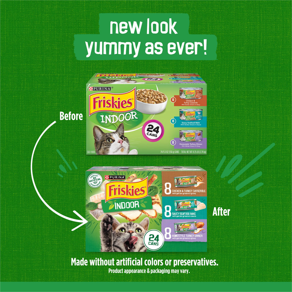 Friskies lata con etiqueta legible mostrando ingredientes y beneficios de nutrición