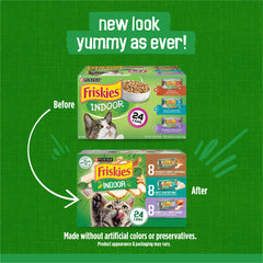 Friskies lata con etiqueta legible mostrando ingredientes y beneficios de nutrición
