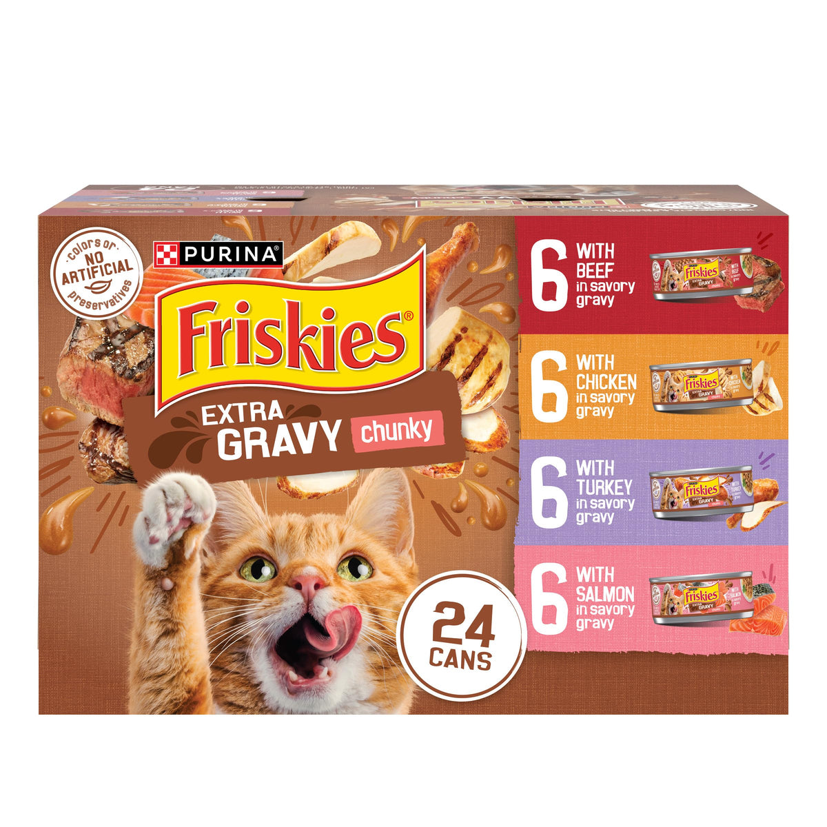 Friskies lata frontal pack mostrando variedad y conveniencia