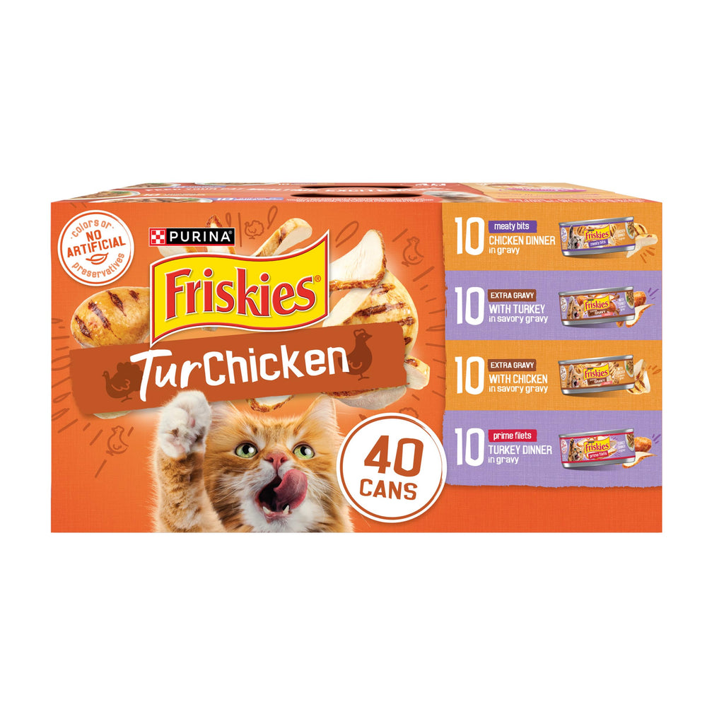 Friskies lata frontal del pack mostrando diseño y cantidad, conveniencia clara
