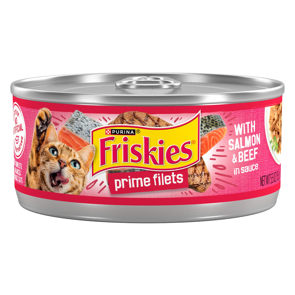 Friskies lata frontal Prime Filets mostrando etiqueta y beneficio de sabor