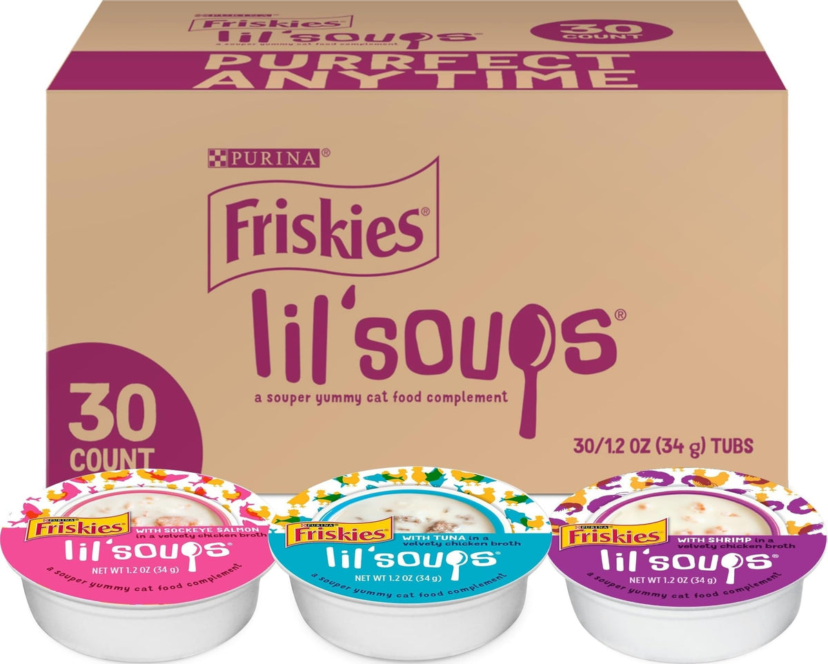 Friskies paquete frontal mostrando 30 tazas, variedad y conveniencia