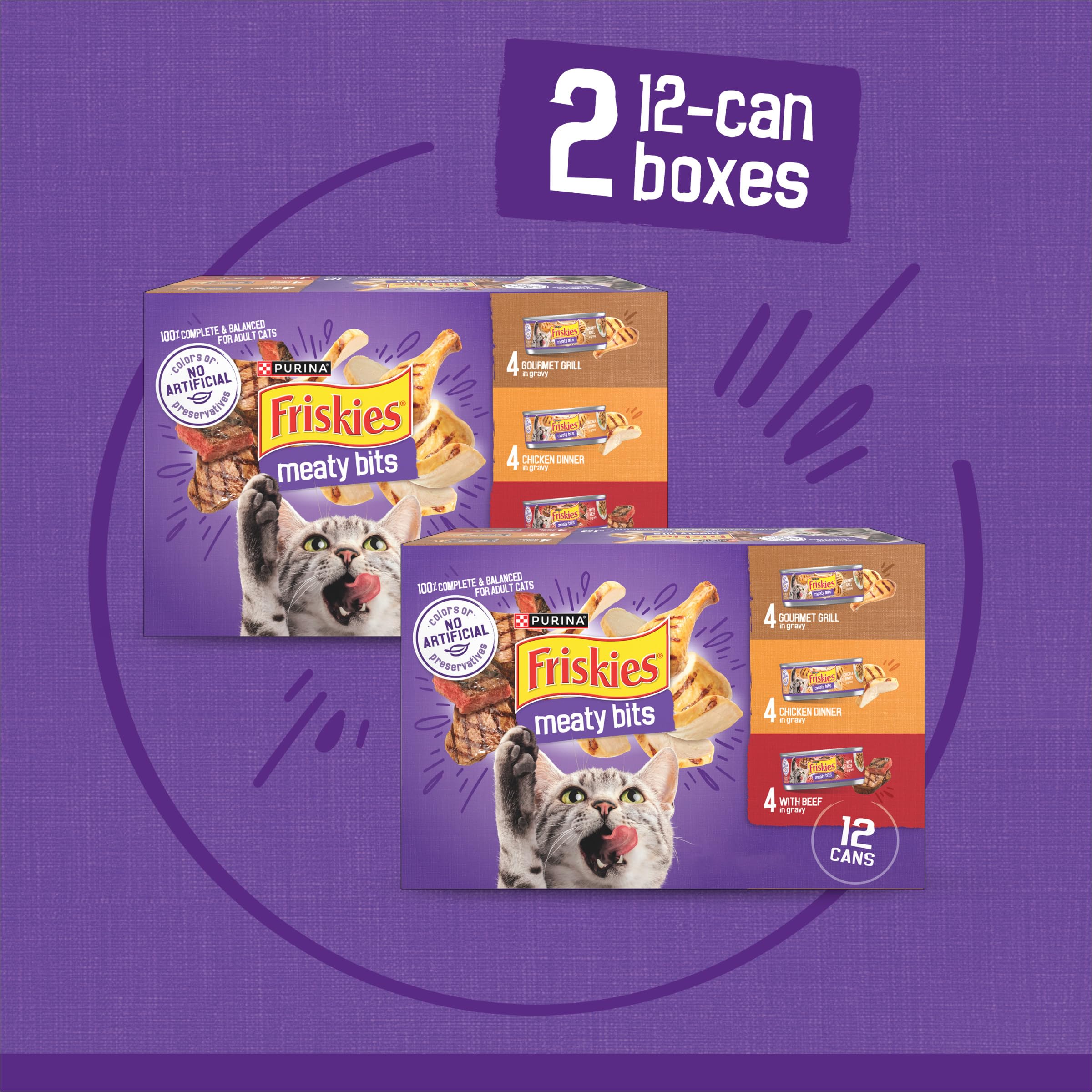 Friskies comparación de tamaño con mano humana, tamaño de lata práctico y portátil