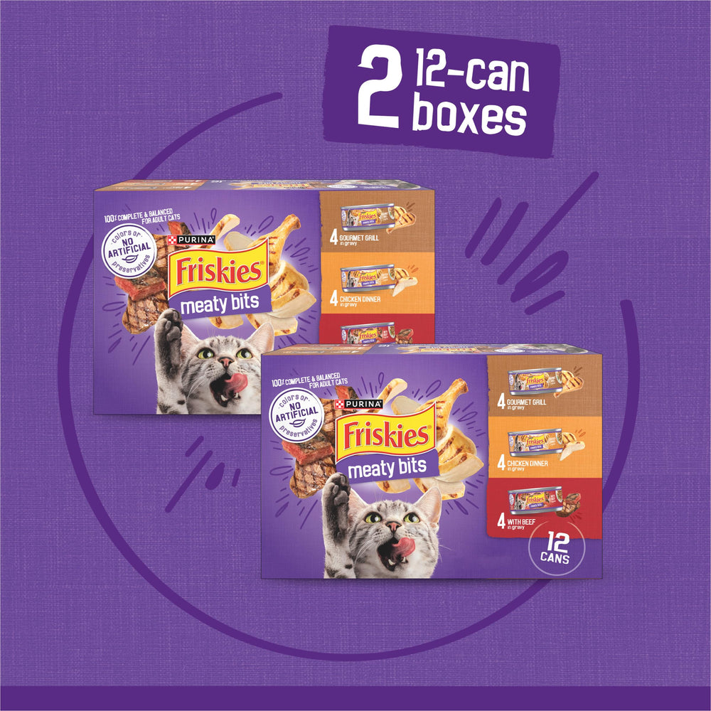 Friskies comparación de tamaño con mano humana, tamaño de lata práctico y portátil
