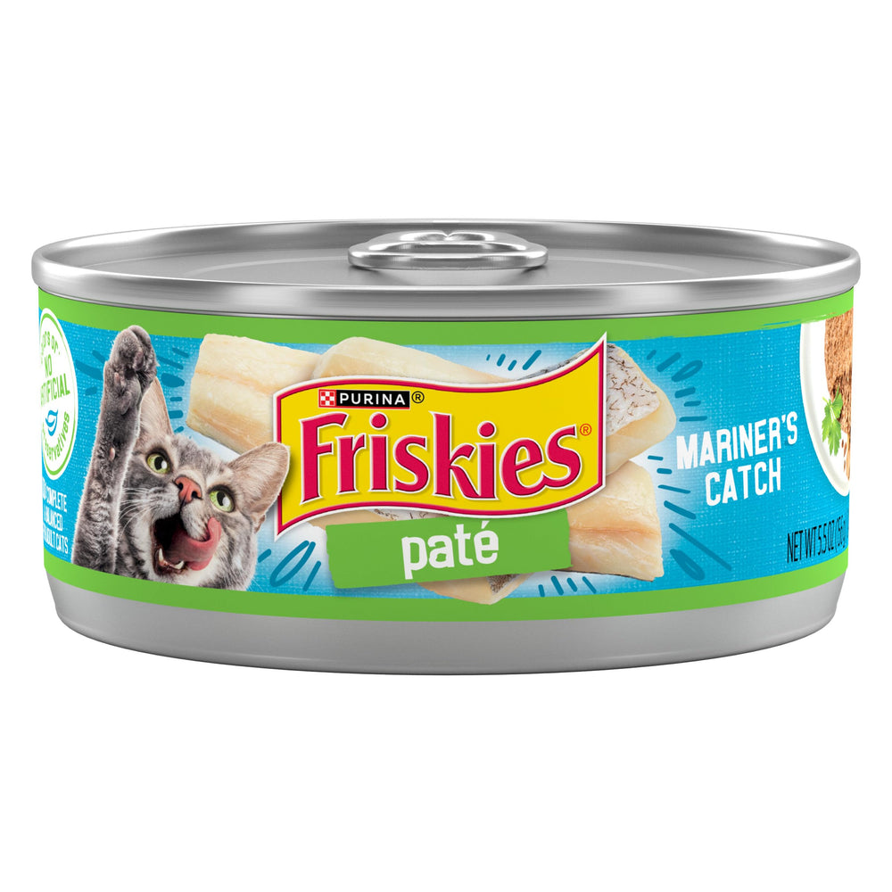 Friskies lata de frente mostrando la marca y atractivo visual del envase