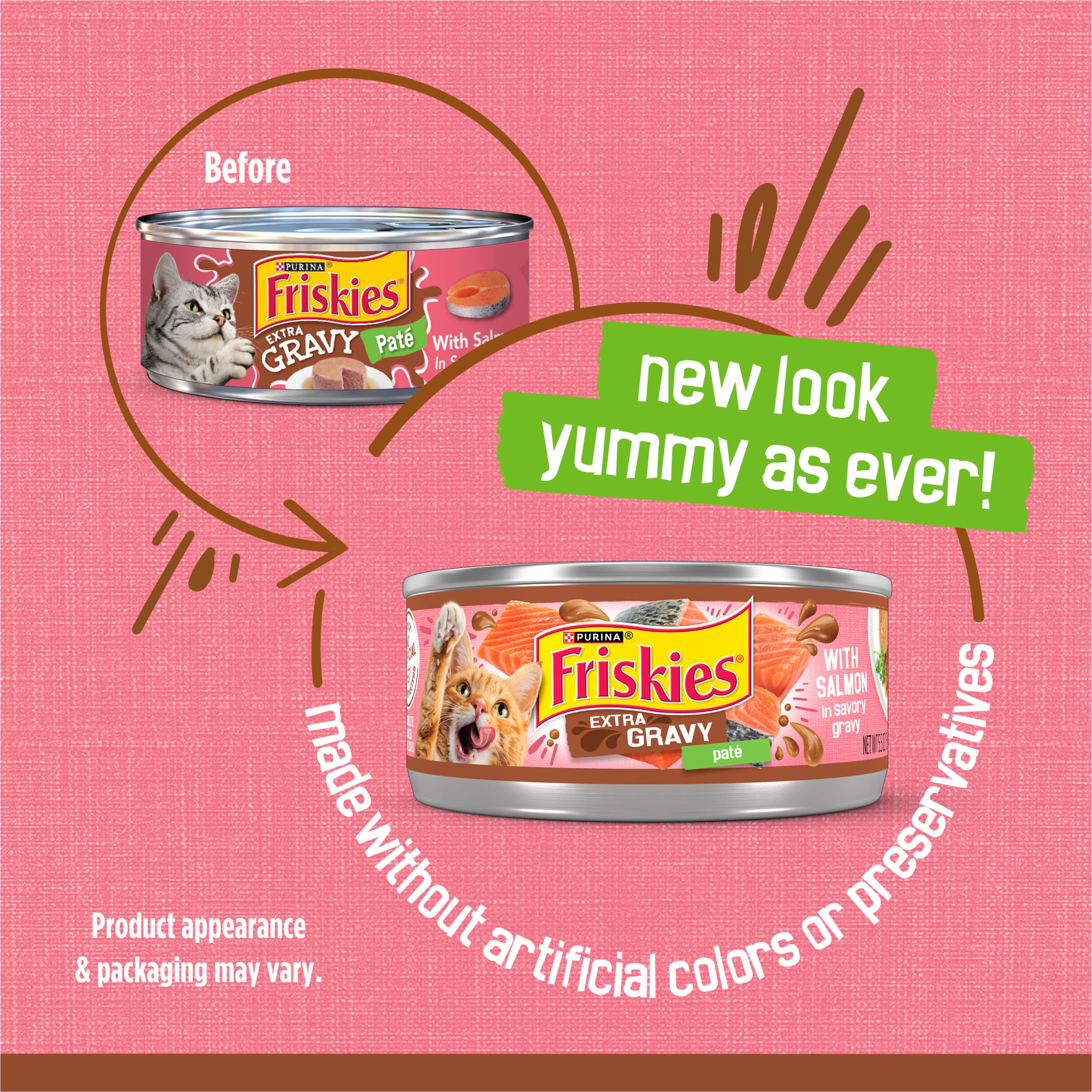 Friskies open can with extra gravy visible to encourage appetizing presentation