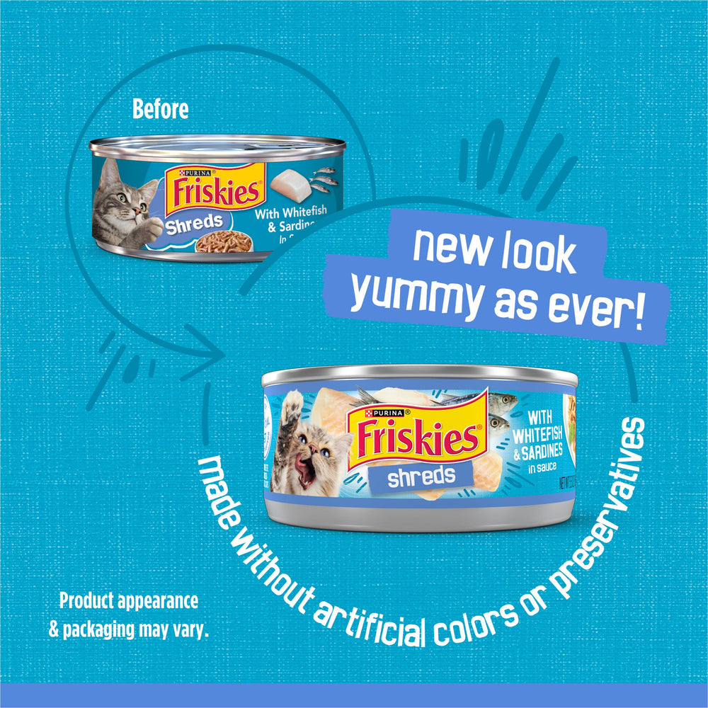 Friskies open can close-up of shreds and sauce, appetizing texture