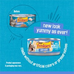 Friskies open can close-up of shreds and sauce, appetizing texture