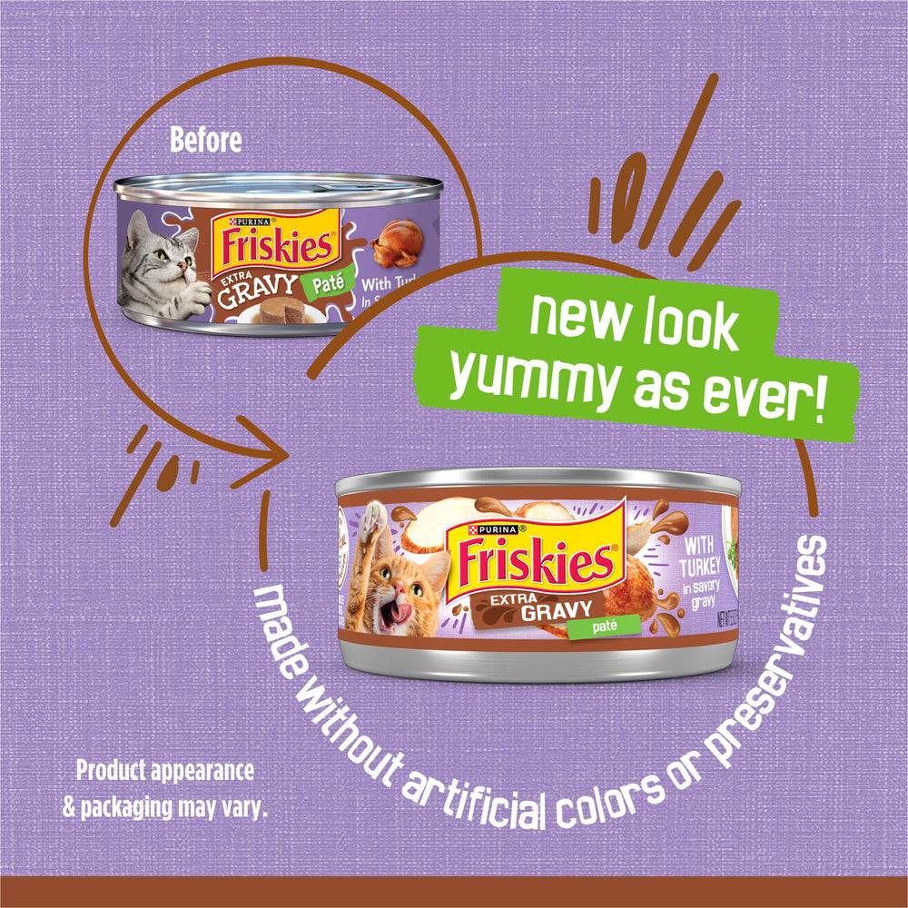 Friskies open can with turkey pate and extra gravy visible, highlights savory appeal