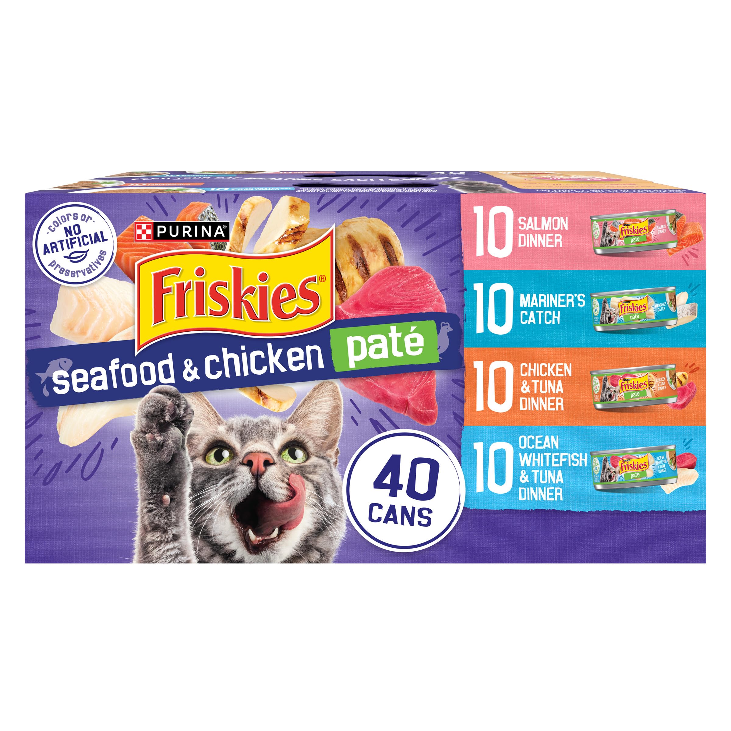 Friskies pack frontal de 40 latas mostrando variedad y ahorro