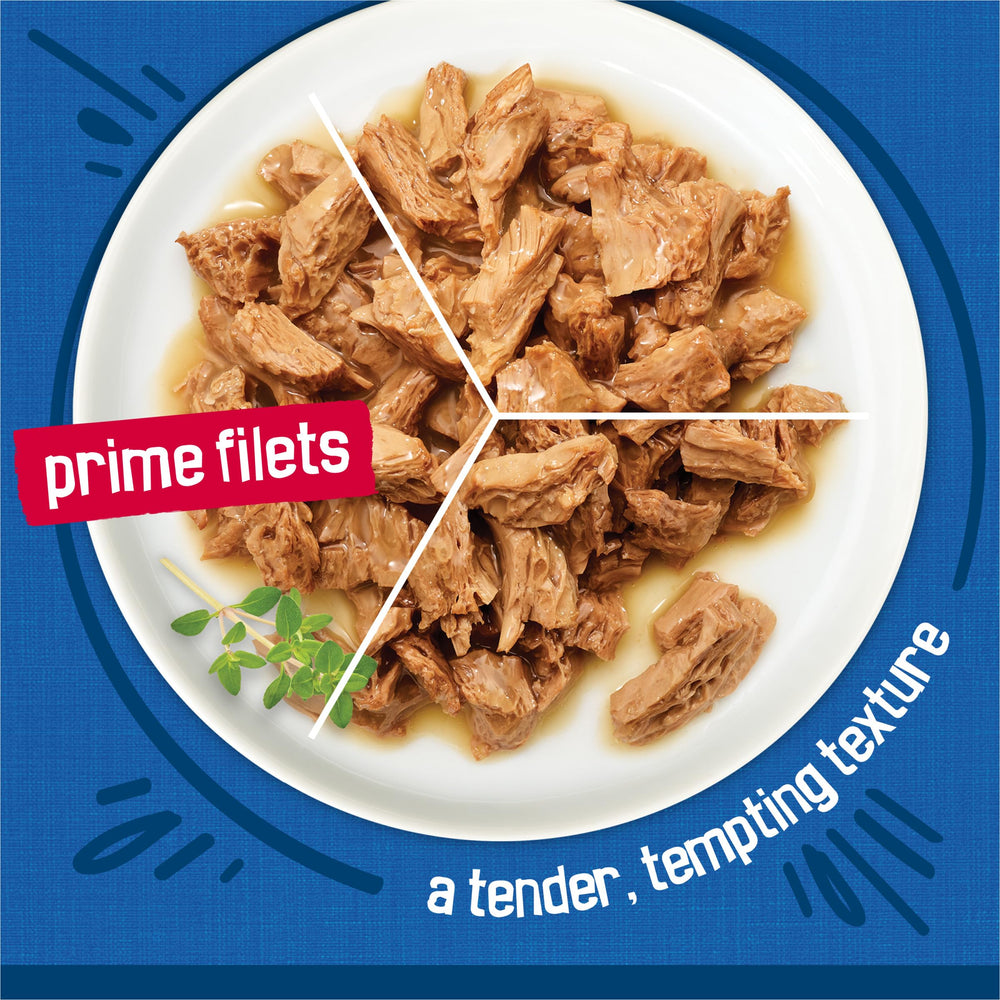 Friskies porción servida en plato que facilita la presentación