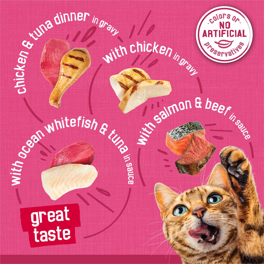 Friskies lata junto a regla, comparación de tamaño y porción individual