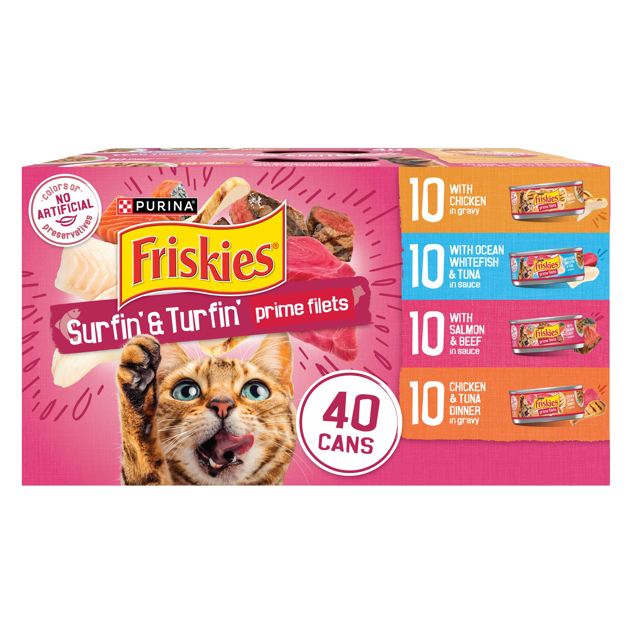 Friskies pack frontal mostrando 40 latas y variedad, conveniencia para almacenamiento