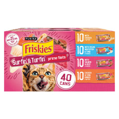 Friskies pack frontal mostrando 40 latas y variedad, conveniencia para almacenamiento