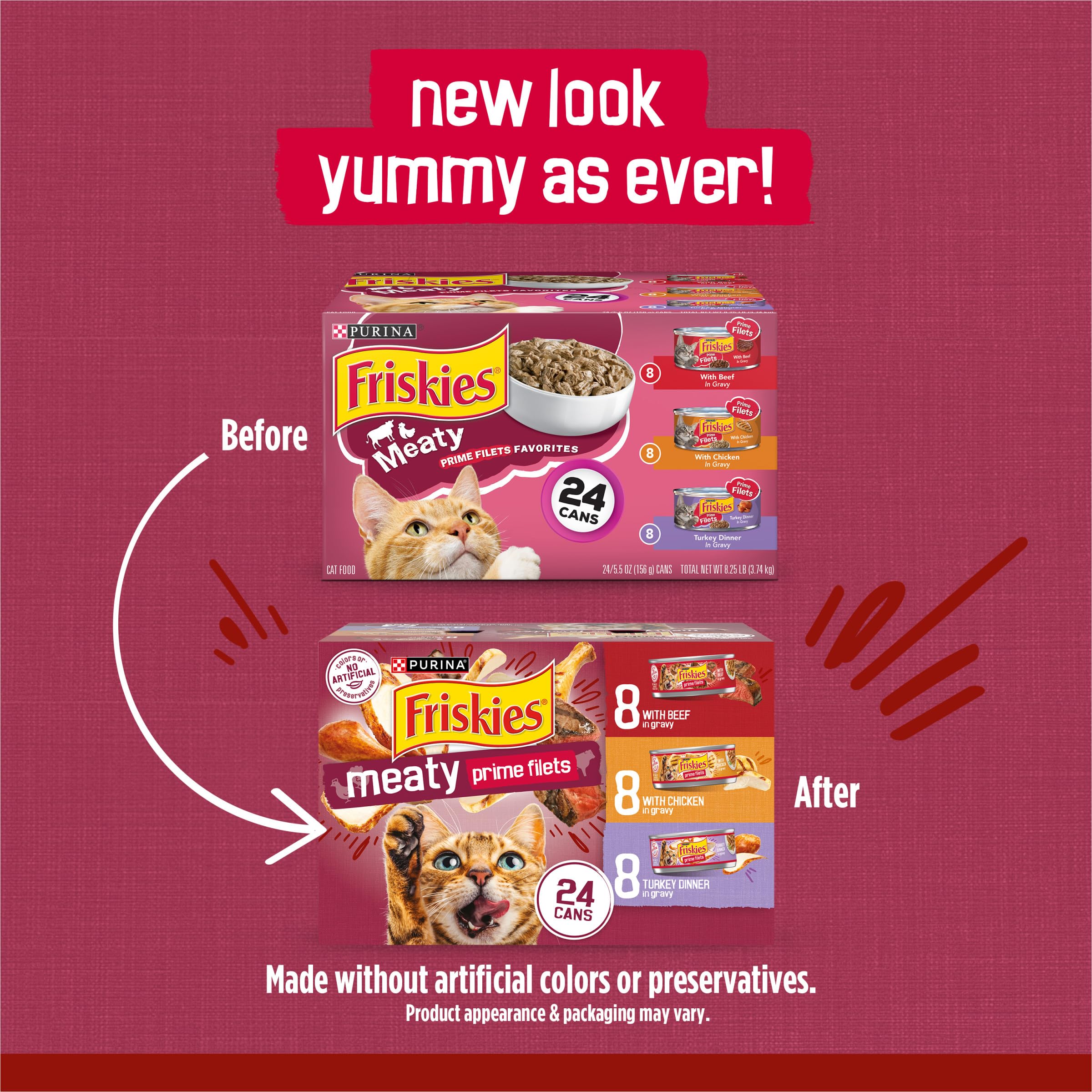 Friskies lata abierta con salsa brillante, textura atractiva para gatos
