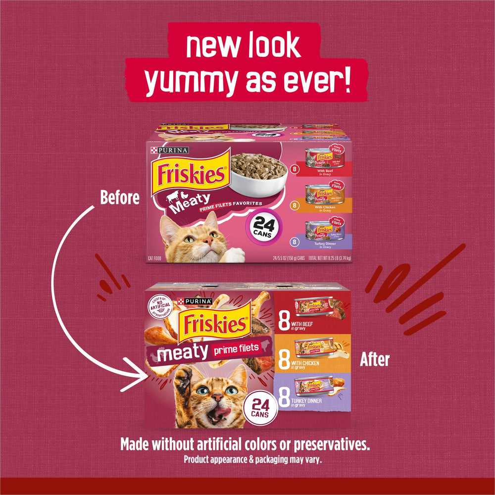 Friskies lata abierta con salsa brillante, textura atractiva para gatos