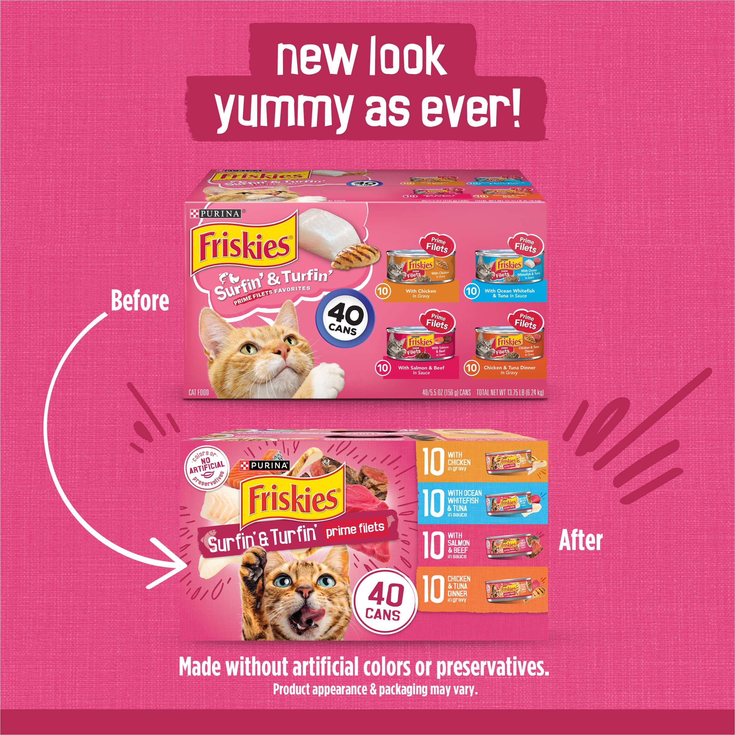 Friskies lata abierta mostrando filetes desmenuzados, textura atractiva para gatos