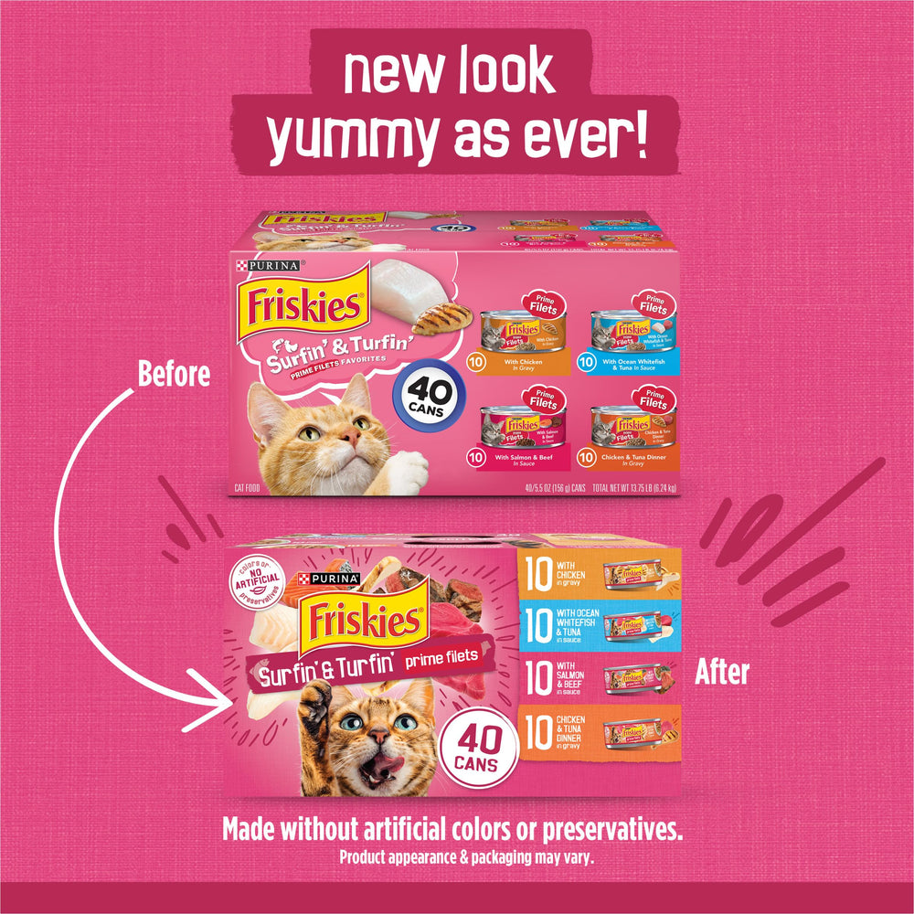 Friskies lata abierta mostrando filetes desmenuzados, textura atractiva para gatos