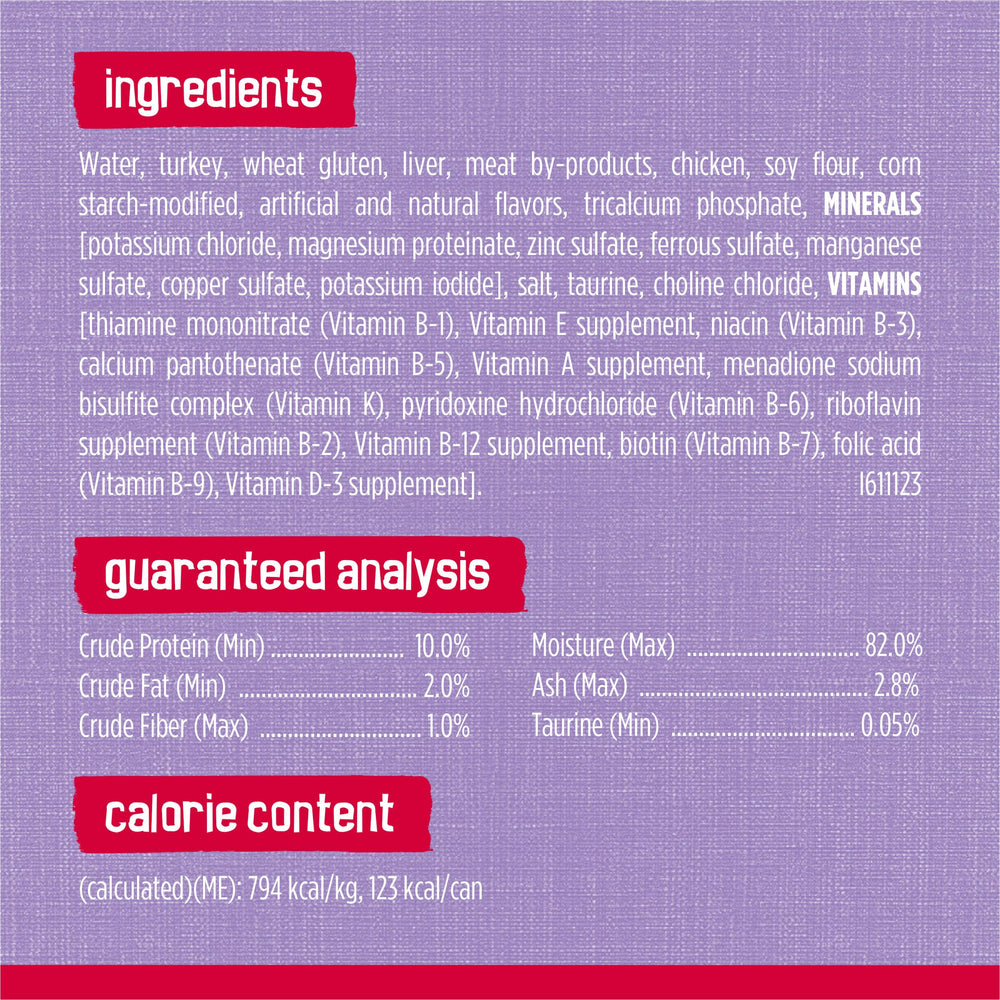 Friskies etiqueta con información de ingredientes y beneficios nutricionales