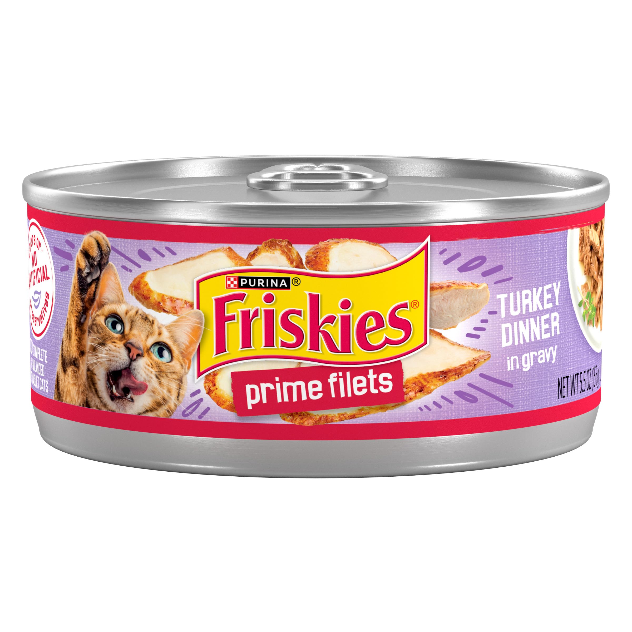 Friskies frontal de la lata mostrando la marca y atractivo visual