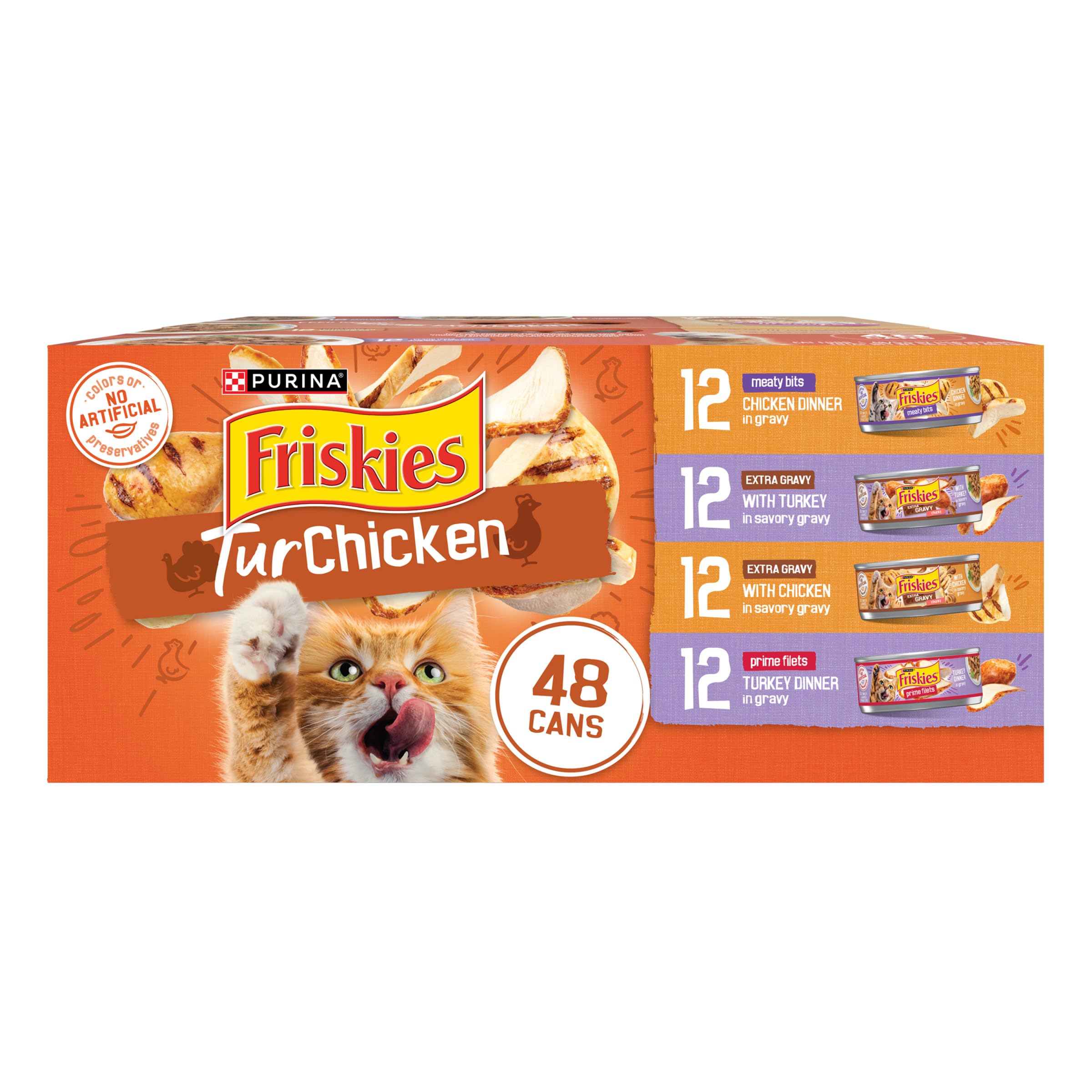 Friskies Purina pack frontal mostrando 48 latas y variedad, apela a la conveniencia