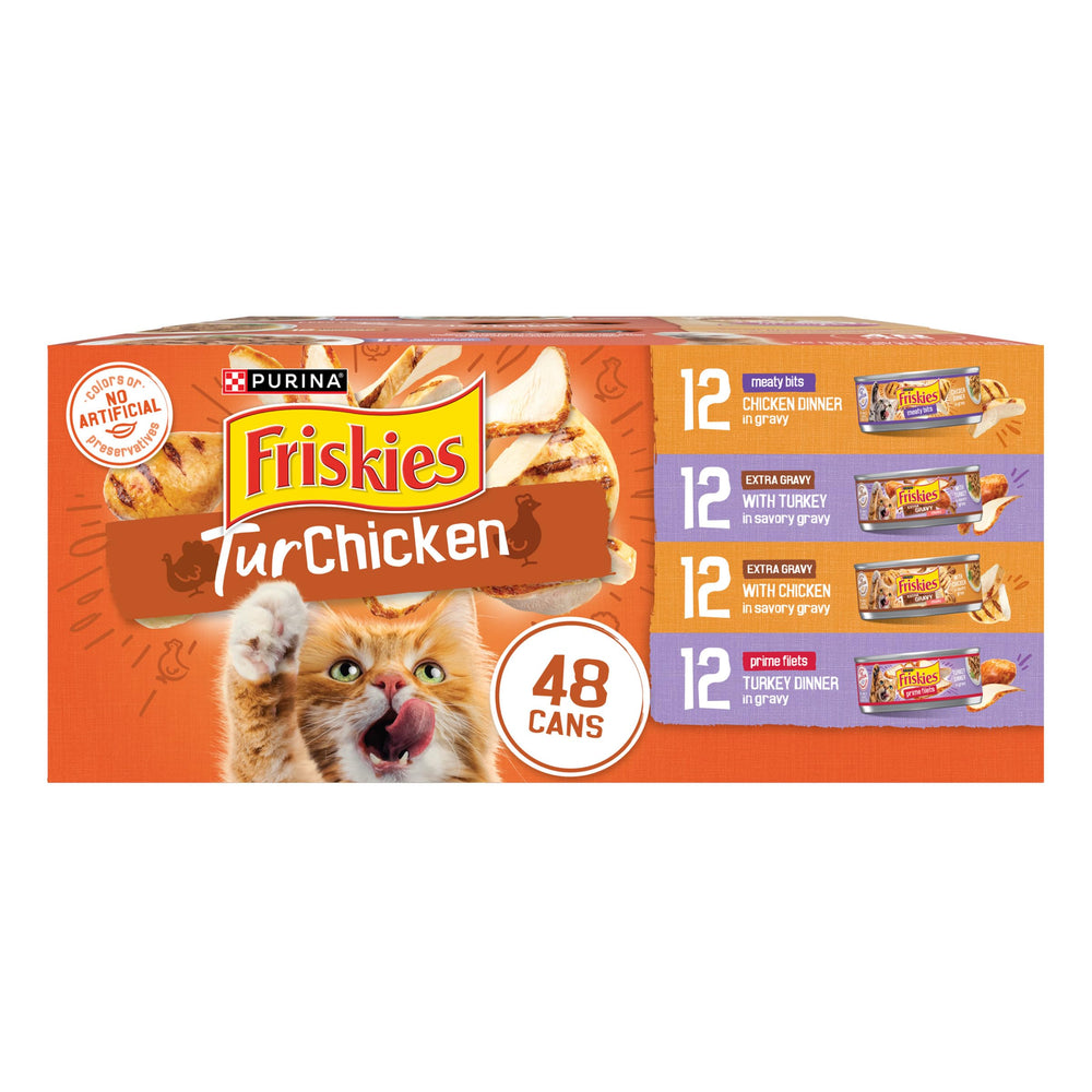 Friskies Purina pack frontal mostrando 48 latas y variedad, apela a la conveniencia