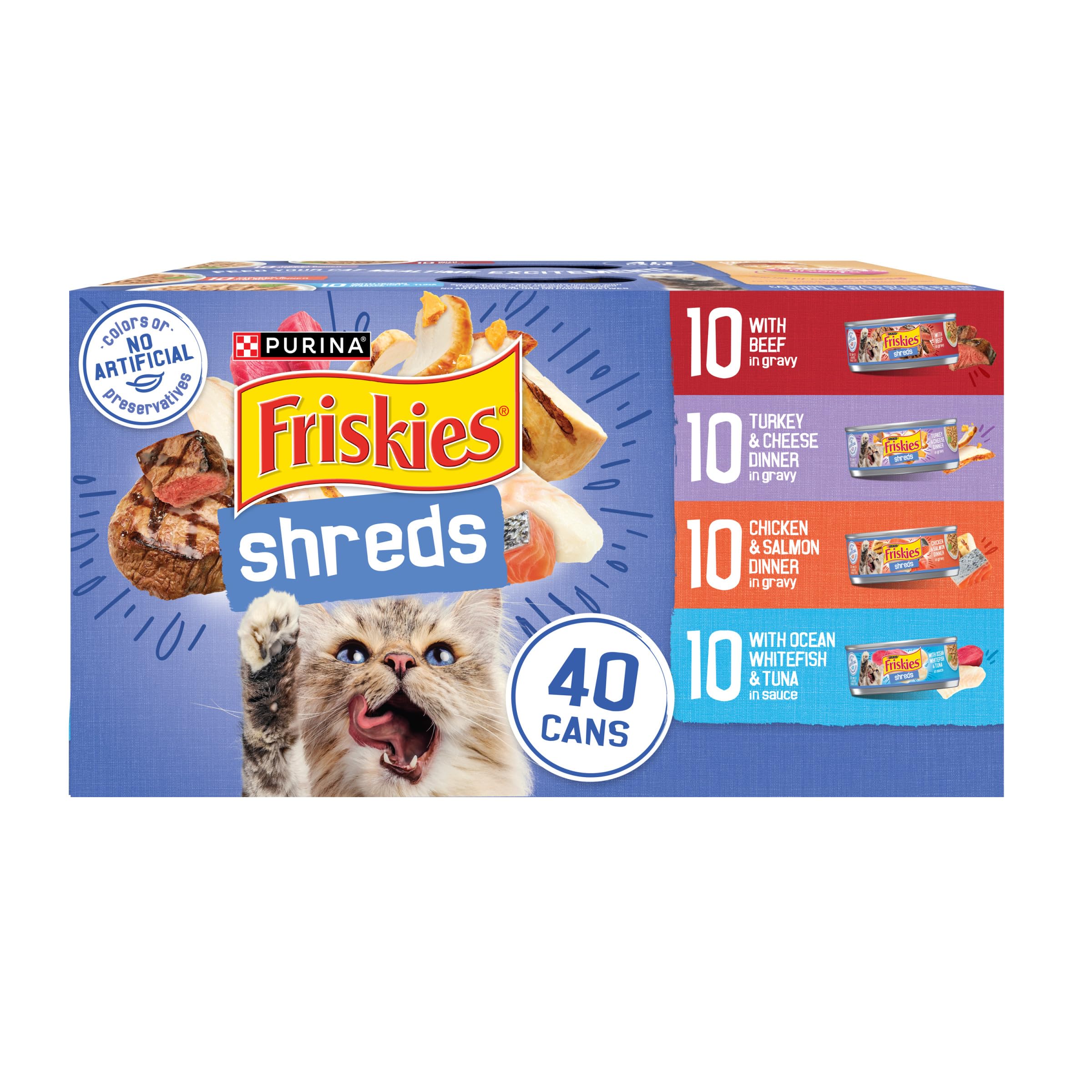 Friskies Purina frente del paquete mostrando variedad y ahorro
