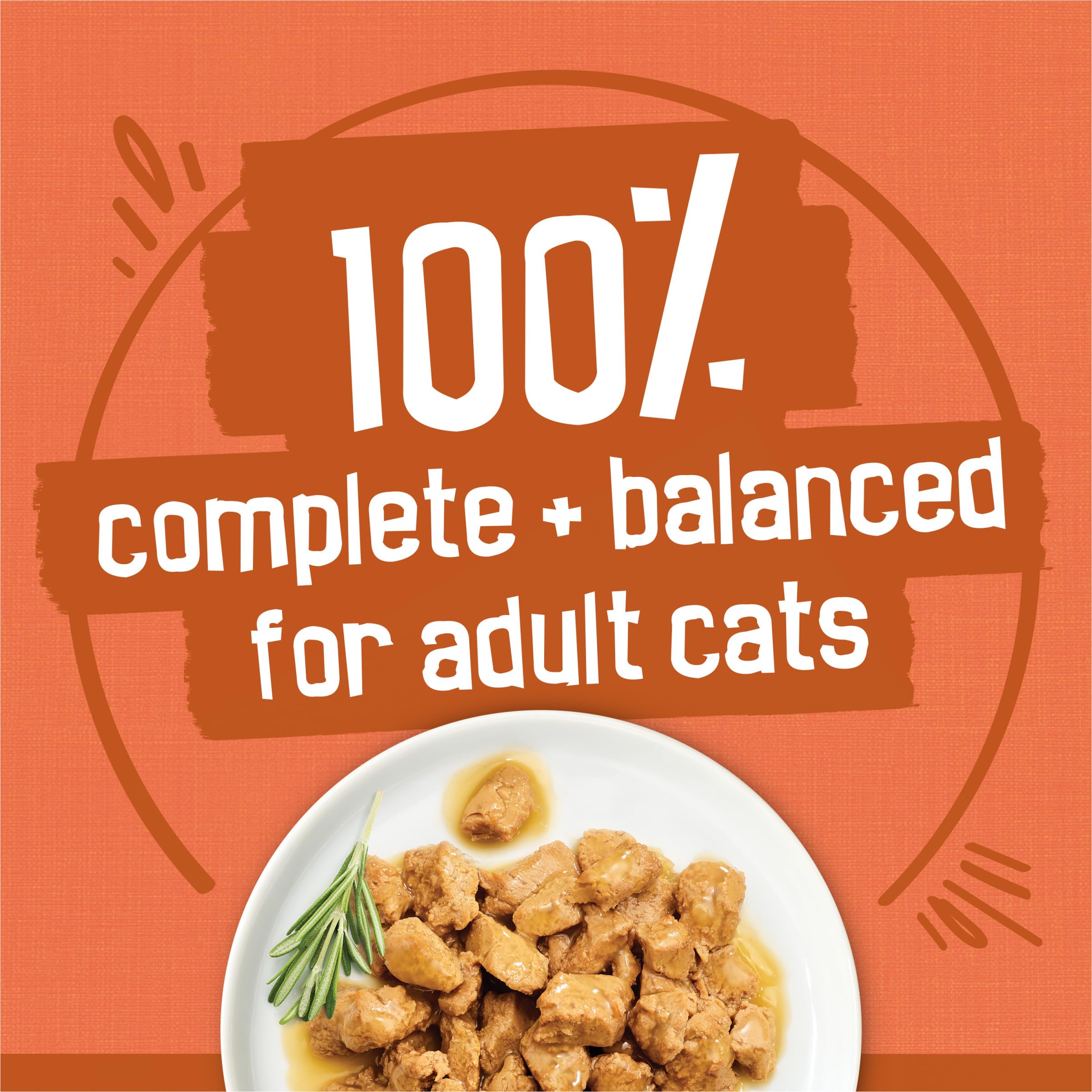 Friskies Purina fila de latas con etiquetas para mostrar las cuatro recetas distintas