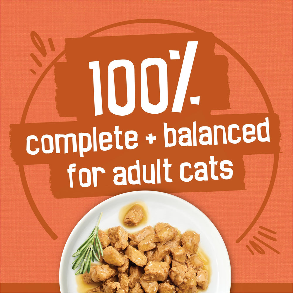 Friskies Purina fila de latas con etiquetas para mostrar las cuatro recetas distintas