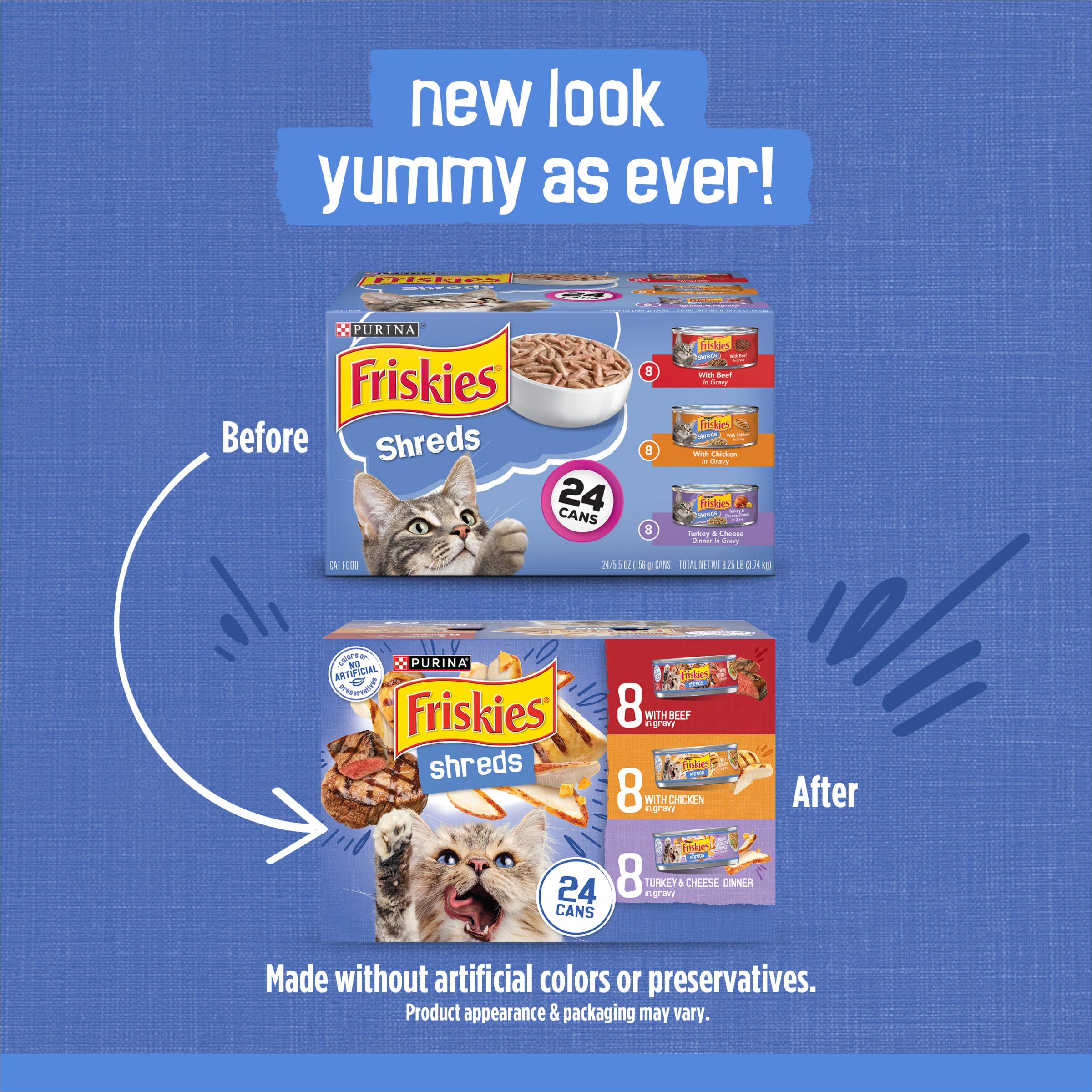 Friskies lata abierta con tiras en gravy destacando textura desmenuzada y jugosidad