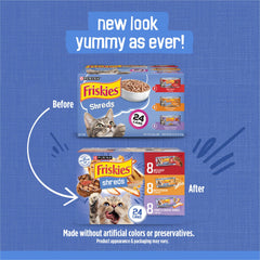 Friskies lata abierta con tiras en gravy destacando textura desmenuzada y jugosidad