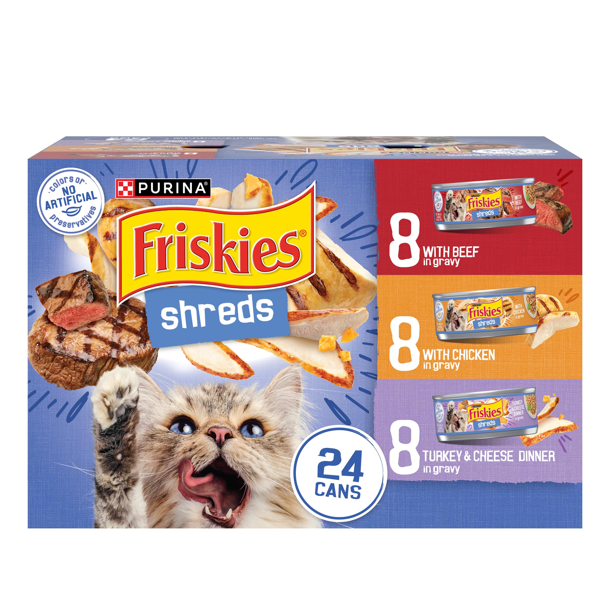 Friskies pack frontal mostrando las 24 latas y variedad de sabores beneficiando almacenamiento